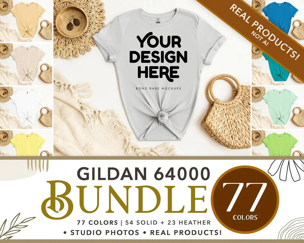 Gildan 64000 IRIS T-shirt Mockup | Boho Babe Flatlay Mockup Design Vol.2