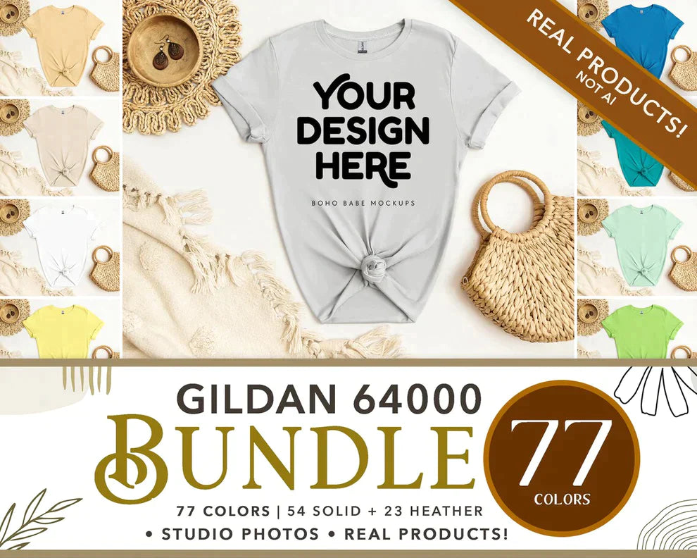 Gildan 64000 OLD GOLD T-shirt Mockup | Boho Babe Flatlay Mockup Design Vol.2