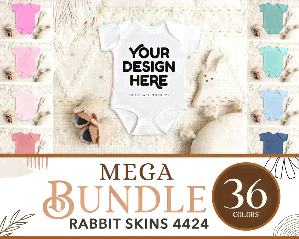Rabbit Skins 4424 BUTTER Short Sleeve Onesie Mockup | Boho Babe Flatlay Mockup Design Vol.1