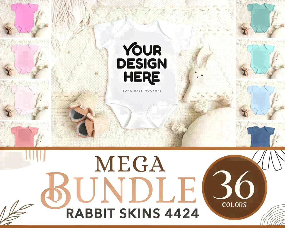 Rabbit Skins 4424 YELLOW Short Sleeve Onesie Mockup | Boho Babe Flatlay Mockup Design Vol.1