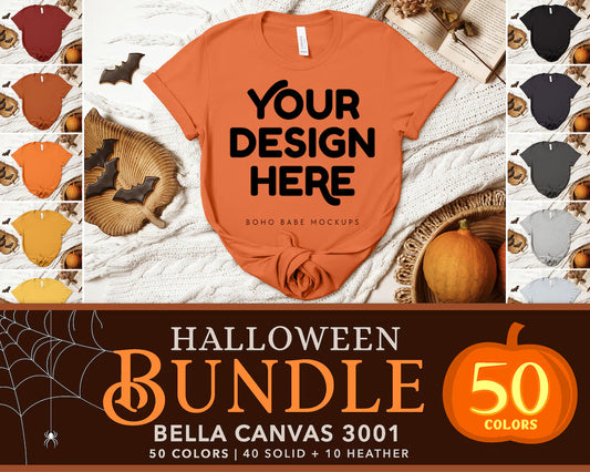 Bella Canvas 3001 Halloween T-Shirt Mockup Bundle | Boho Babe Holiday Mockup Design - Vol.1