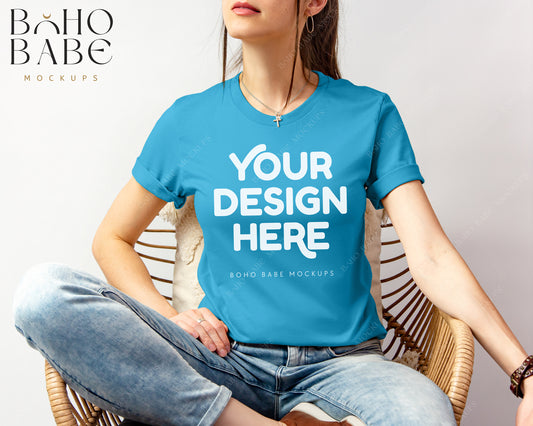 Bella Canvas 3001 AQUA Female Model Mockup | Boho Babe Model Shirt Mockup Design Vol.2