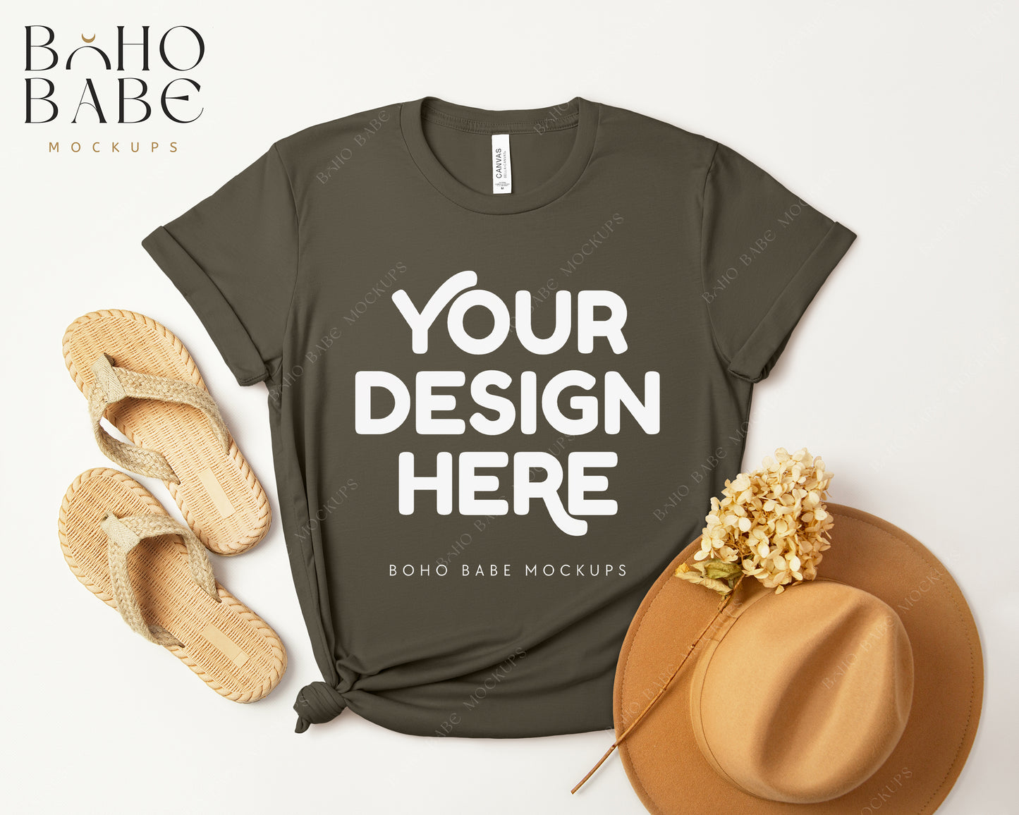 Bella Canvas 3001 ARMY T-shirt Mockup | Boho Design | Flatlay Vol.3