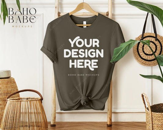 Bella Canvas 3001 ARMY T-shirt Mockup | Boho Babe Hanging Mockup Design Vol.1