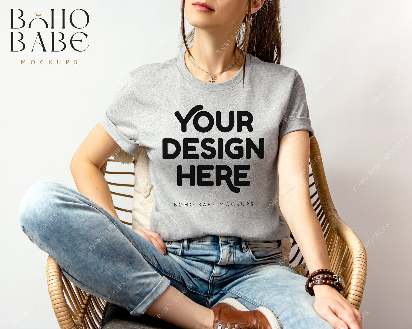 Bella Canvas 3001 ATHLETIC HEATHER Female Model Mockup | Boho Babe Model Shirt Mockup Design Vol.2