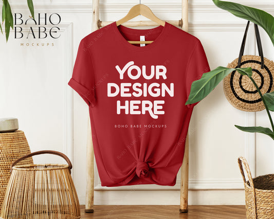 Bella Canvas 3001 CANVAS RED T-shirt Mockup | Boho Babe Hanging Mockup Design Vol.1