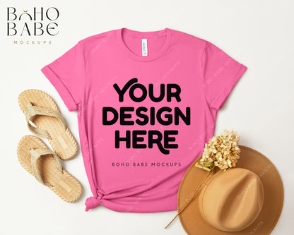 Bella Canvas 3001 CHARITY PINK T-shirt Mockup | Boho Design | Flatlay Vol.3