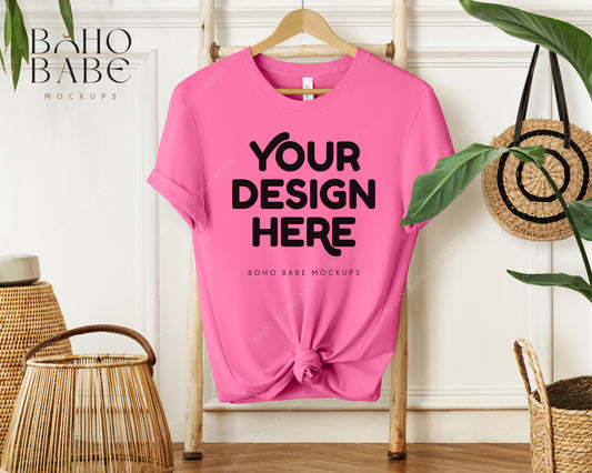 Bella Canvas 3001 CHARITY PINK T-shirt Mockup | Boho Babe Hanging Mockup Design Vol.1