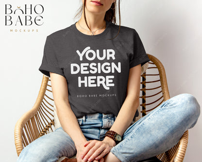 Bella Canvas 3001 DARK GREY HEATHER Female Model Mockup | Boho Babe Model Shirt Mockup Design Vol.2