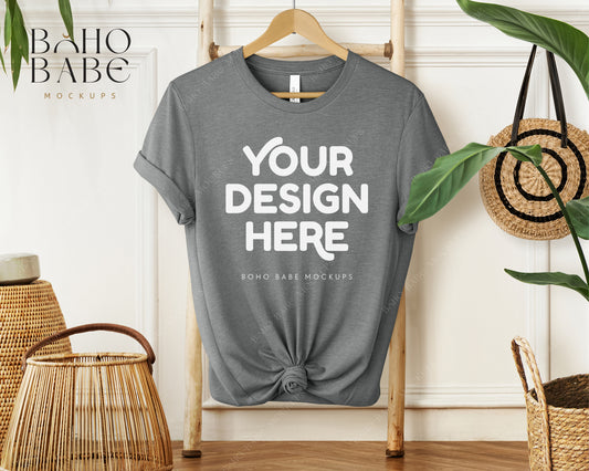 Bella Canvas 3001 DEEP HEATHER T-shirt Mockup | Boho Babe Hanging Mockup Design Vol.1