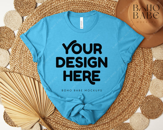 Bella Canvas 3001 HEATHER AQUA T-shirt Mockup | Boho Design | Flatlay Vol.5