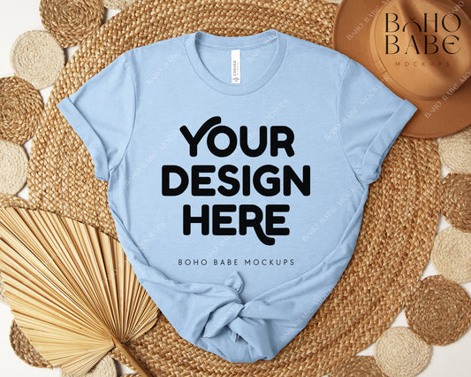 Bella Canvas 3001 HEATHER BABY BLUE T-shirt Mockup | Boho Design | Flatlay Vol.5