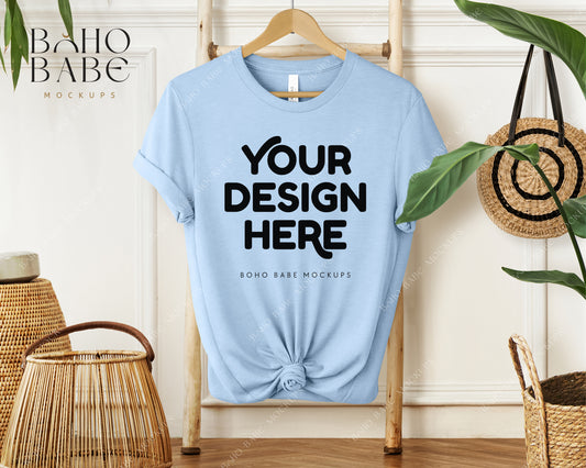 Bella Canvas 3001 HEATHER BABY BLUE T-shirt Mockup | Boho Babe Hanging Mockup Design Vol.1