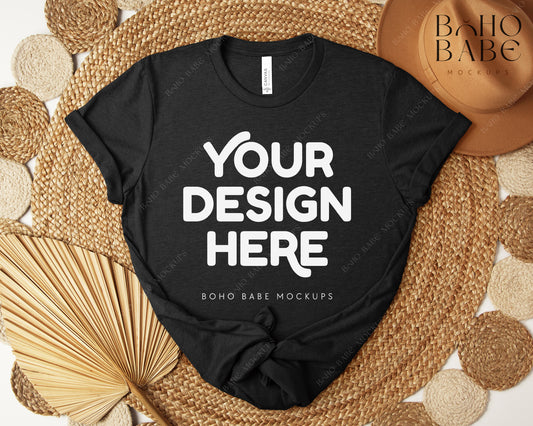 Bella Canvas 3001 HEATHER BLACK T-shirt Mockup | Boho Design | Flatlay Vol.5