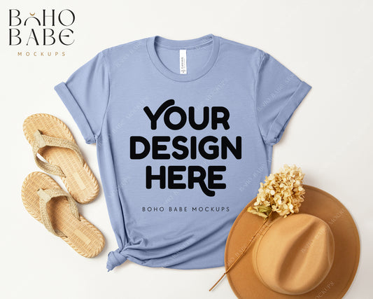 Bella Canvas 3001 HEATHER BLUE LAGOON T-shirt Mockup | Boho Design | Flatlay Vol.3
