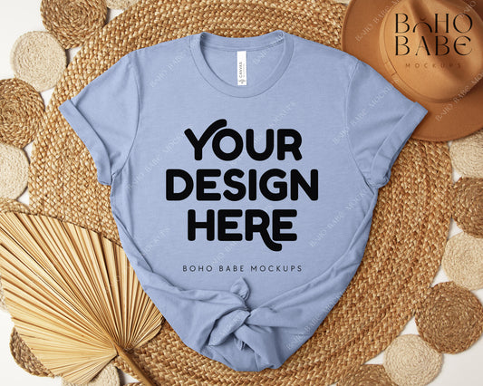 Bella Canvas 3001 HEATHER BLUE T-shirt Mockup | Boho Design | Flatlay Vol.5
