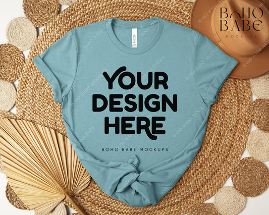 Bella Canvas 3001 HEATHER BLUE LAGOON T-shirt Mockup | Boho Design | Flatlay Vol.5