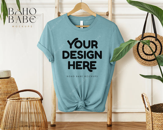 Bella Canvas 3001 HEATHER BLUE LAGOON T-shirt Mockup | Boho Babe Hanging Mockup Design Vol.1