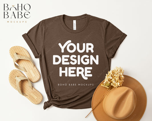 Bella Canvas 3001 HEATHER BROWN T-shirt Mockup | Boho Design | Flatlay Vol.3