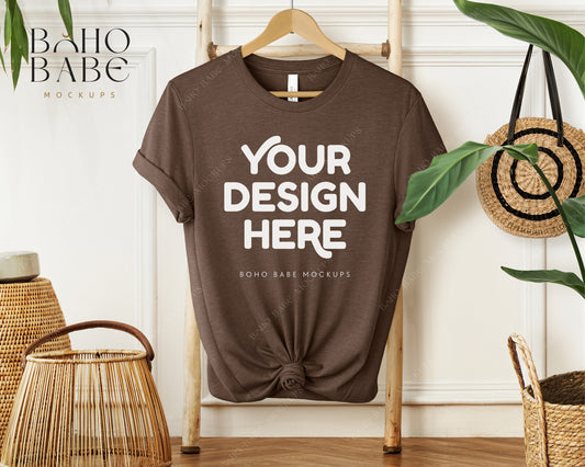 Bella Canvas 3001 HEATHER BROWN T-shirt Mockup | Boho Babe Hanging Mockup Design Vol.1
