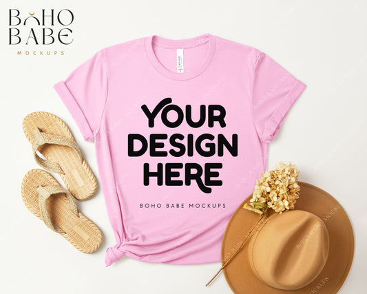 Bella Canvas 3001 HEATHER BUBBLE GUM T-shirt Mockup | Boho Design | Flatlay Vol.3