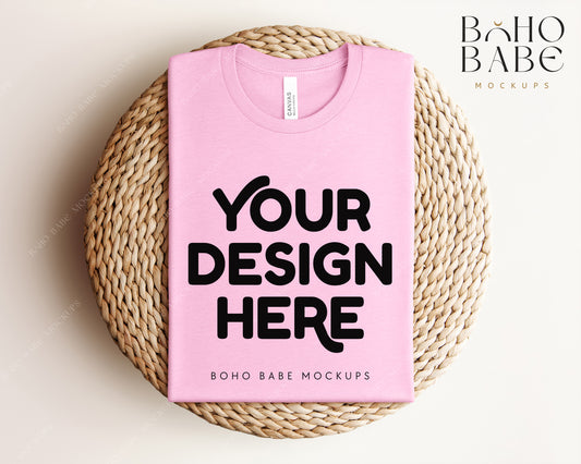 Bella Canvas 3001 HEATHER BUBBLE GUM T-shirt Mockup | Boho Babe Folded Mockup Design Vol.1