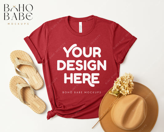 Bella Canvas 3001 HEATHER CANVAS RED T-shirt Mockup | Boho Design | Flatlay Vol.3