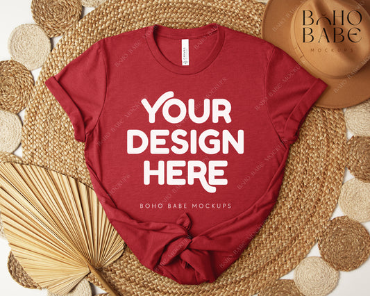 Bella Canvas 3001 HEATHER CANVAS RED T-shirt Mockup | Boho Design | Flatlay Vol.5