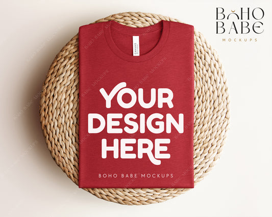 Bella Canvas 3001 HEATHER CANVAS RED T-shirt Mockup | Boho Babe Folded Mockup Design Vol.1