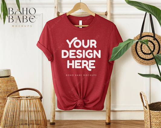Bella Canvas 3001 HEATHER CANVAS RED T-shirt Mockup | Boho Babe Hanging Mockup Design Vol.1