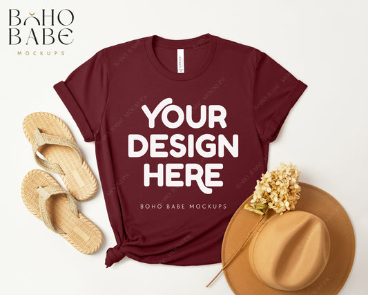Bella Canvas 3001 HEATHER CARDINAL T-shirt Mockup | Boho Design | Flatlay Vol.3