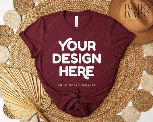 Bella Canvas 3001 HEATHER CARDINAL T-shirt Mockup | Boho Design | Flatlay Vol.5