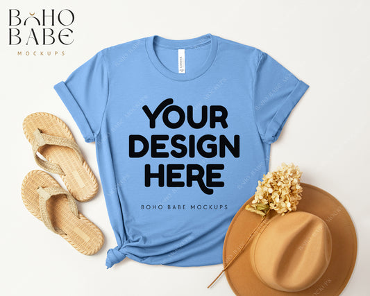 Bella Canvas 3001 HEATHER CAROLINA BLUE T-shirt Mockup | Boho Design | Flatlay Vol.3