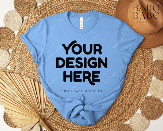 Bella Canvas 3001 HEATHER CAROLINA BLUE T-shirt Mockup | Boho Design | Flatlay Vol.5