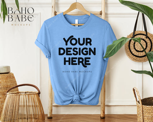 Bella Canvas 3001 HEATHER CAROLINA BLUE T-shirt Mockup | Boho Babe Hanging Mockup Design Vol.1
