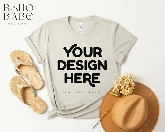 Bella Canvas 3001 HEATHER CEMENT T-shirt Mockup | Boho Design | Flatlay Vol.3