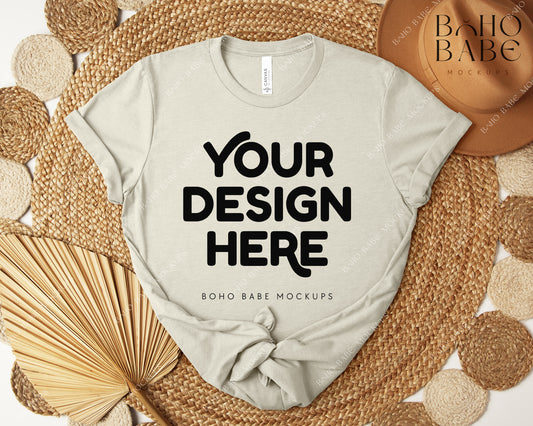 Bella Canvas 3001 HEATHER CEMENT T-shirt Mockup | Boho Design | Flatlay Vol.5