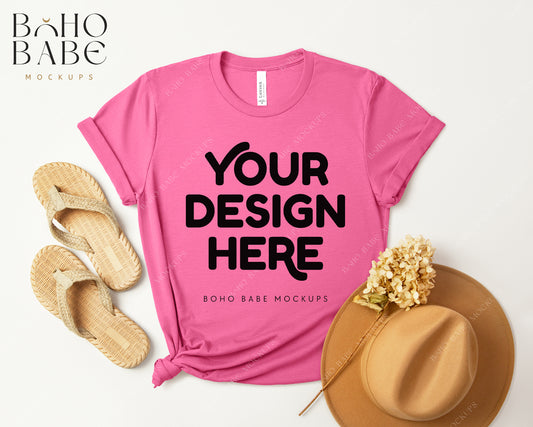 Bella Canvas 3001 HEATHER CHARITY PINK T-shirt Mockup | Boho Design | Flatlay Vol.3