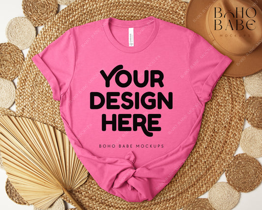 Bella Canvas 3001 HEATHER CHARITY PINK T-shirt Mockup | Boho Design | Flatlay Vol.5