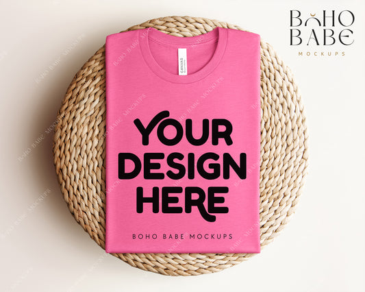 Bella Canvas 3001 HEATHER CHARITY PINK T-shirt Mockup | Boho Babe Folded Mockup Design Vol.1