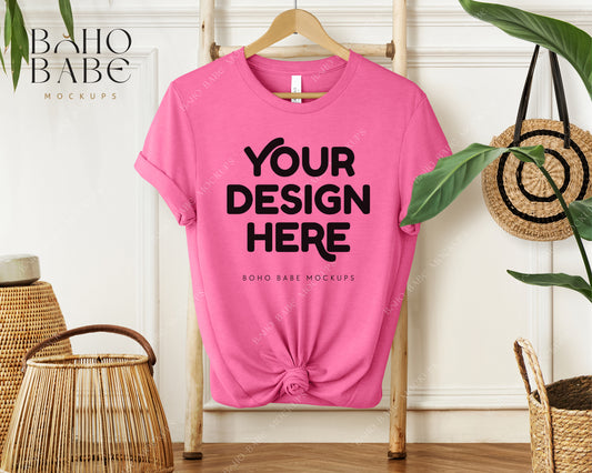 Bella Canvas 3001 HEATHER CHARITY PINK T-shirt Mockup | Boho Babe Hanging Mockup Design Vol.1