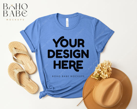 Bella Canvas 3001 HEATHER COLUMBIA BLUE T-shirt Mockup | Boho Design | Flatlay Vol.3