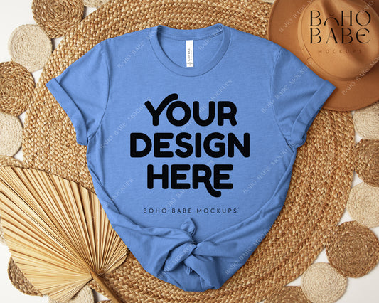 Bella Canvas 3001 HEATHER COLUMBIA BLUE T-shirt Mockup | Boho Design | Flatlay Vol.5