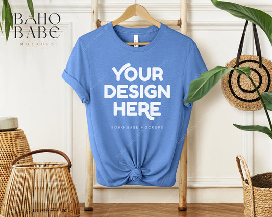 Bella Canvas 3001 HEATHER COLUMBIA BLUE T-shirt Mockup | Boho Babe Hanging Mockup Design Vol.1