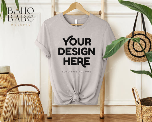 Bella Canvas 3001 HEATHER COOL GREY T-shirt Mockup | Boho Babe Hanging Mockup Design Vol.1