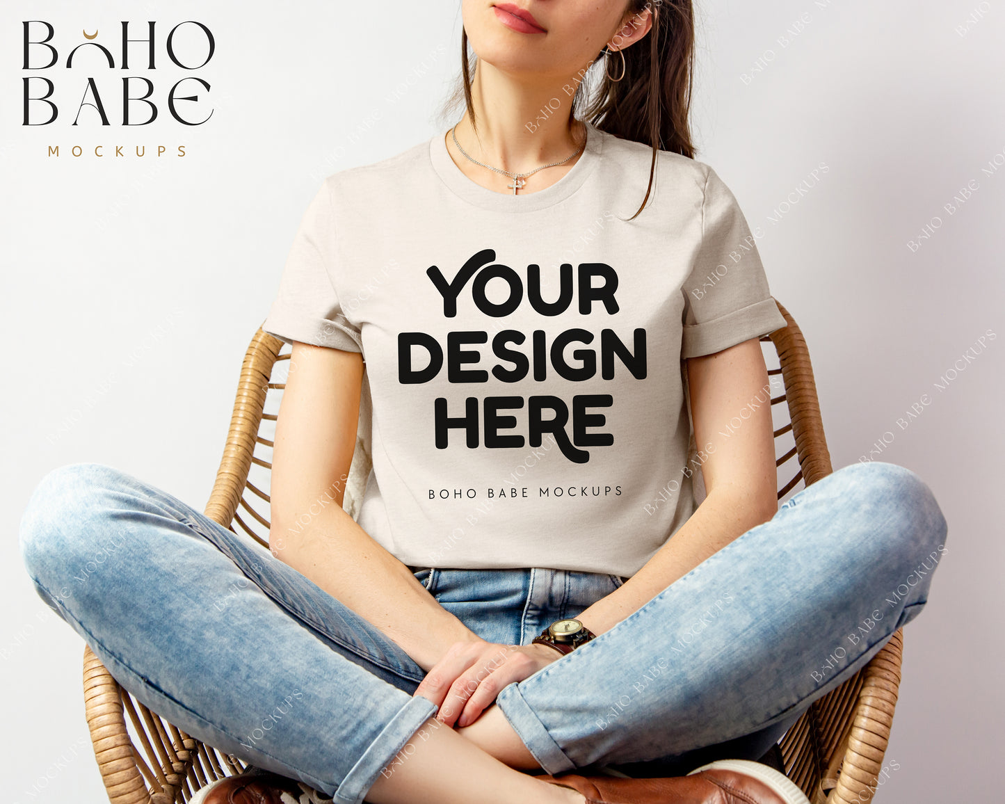 Bella Canvas 3001 HEATHER DUST Female Model Mockup | Boho Babe Model Shirt Mockup Design Vol.2