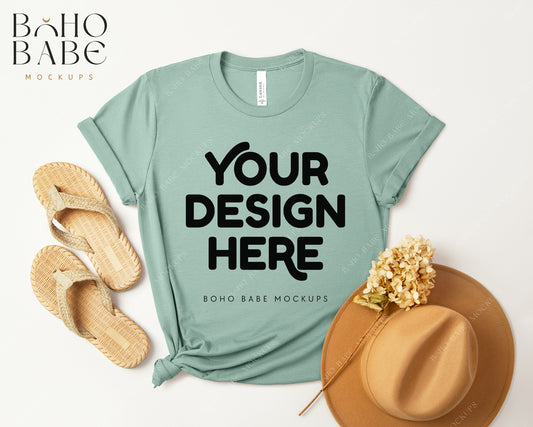 Bella Canvas 3001 HEATHER DUSTY BLUE T-shirt Mockup | Boho Design | Flatlay Vol.3