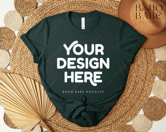 Bella Canvas 3001 HEATHER EMERALD T-shirt Mockup | Boho Design | Flatlay Vol.5