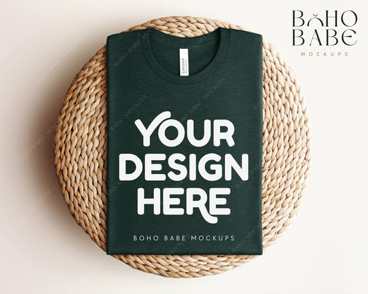 Bella Canvas 3001 HEATHER EMERALD T-shirt Mockup | Boho Babe Folded Mockup Design Vol.1