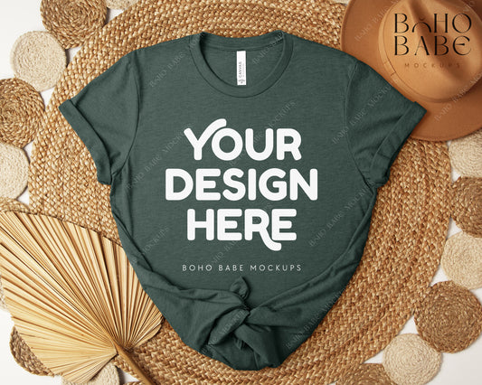 Bella Canvas 3001 HEATHER FOREST T-shirt Mockup | Boho Design | Flatlay Vol.5